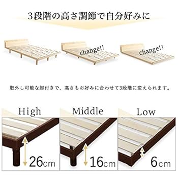 新品　パイン材高さ3段階調整脚付きすのこベッド（ダブル） Amazon｜ホームテイスト 【宮セット】パイン材高さ3段階調整脚